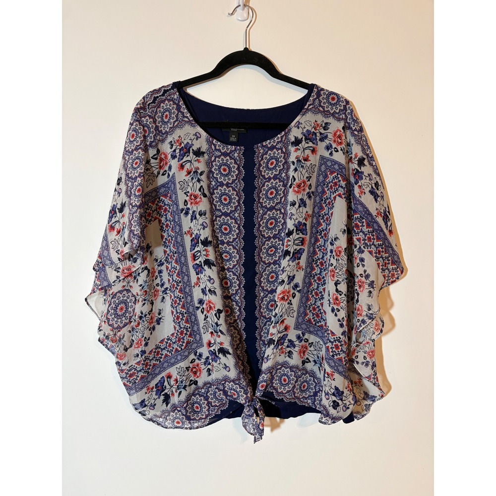 AGB Woman Navy Blue Floral Medallion Front Tie Poncho Blouse 3X Plus Size